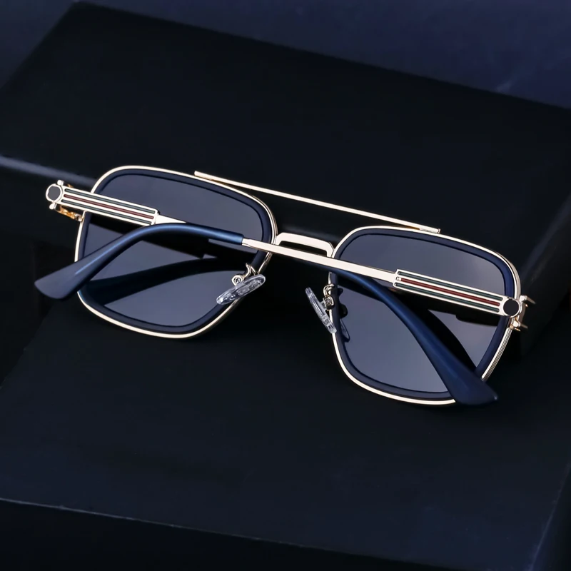 Designer Famous Brand Vintage Retro Steampunk Metal Double Bridge Square UV400 Sun Glasses Shades Sunglasses for Men