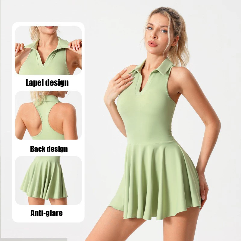 Collar Style Sport Skirts Custom Logo Tennis Dress Pocket Shorts Inside Outdoor Sportswear Dress Tennis Skirts for Women