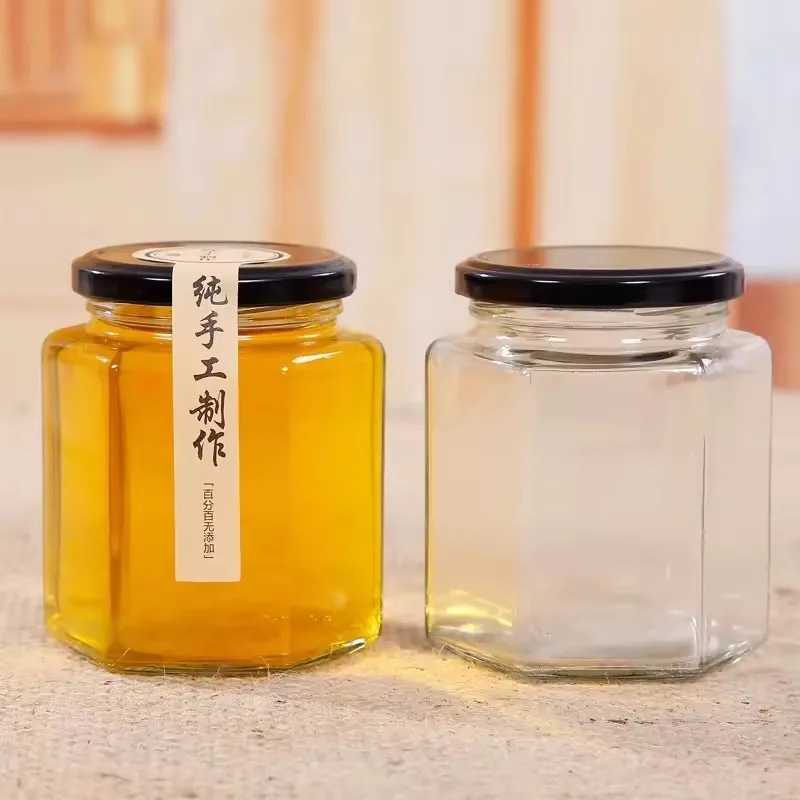 Hexagonal 45ml 85ml 100ml 180ml 280 Ml 380ml Little Bee Honey Glass Bottle Food Jar With Metal Lid