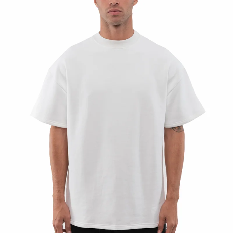 OEM High mock neck collar thick heavy weight t shirt custom plain white 100% cotton tee t-shirt oversized heavyweight t shirt