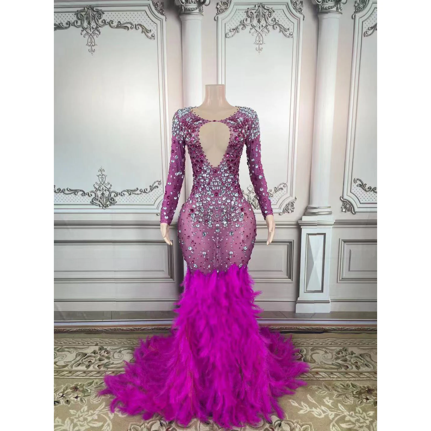 A7011 Fashion Purple Maxi Women Party Dress Beaded Feather Handmade Ladies Long Evening Dress