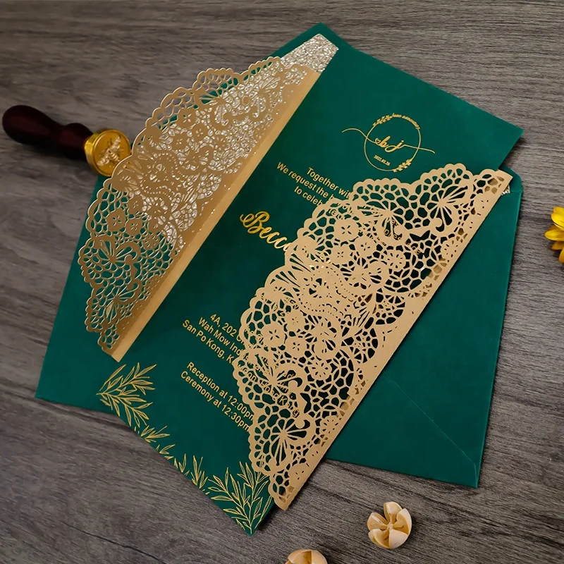 Luxury  Laser Cut Trifold Green Special Paper Business Party Birthday Wedding RSVP Invitation Card with Envelope and Bowknot