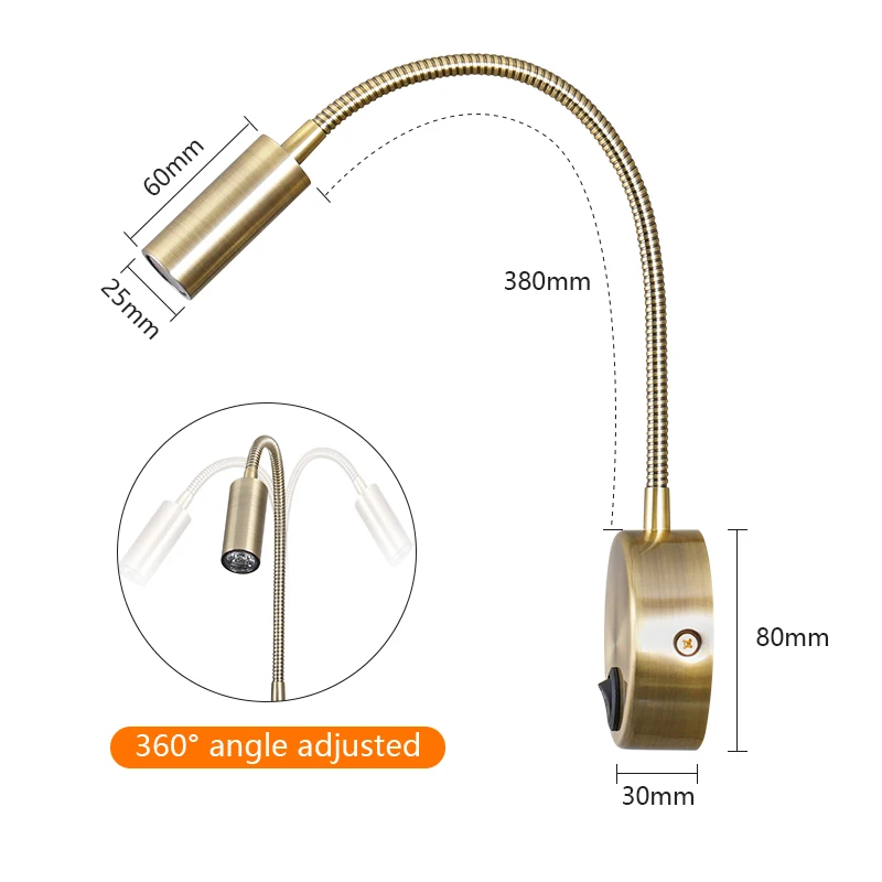 Hot sell 3W LED bronze surface goose neck flexible and adjustable hotel bedroom bedside Wall Mounted book light for reading