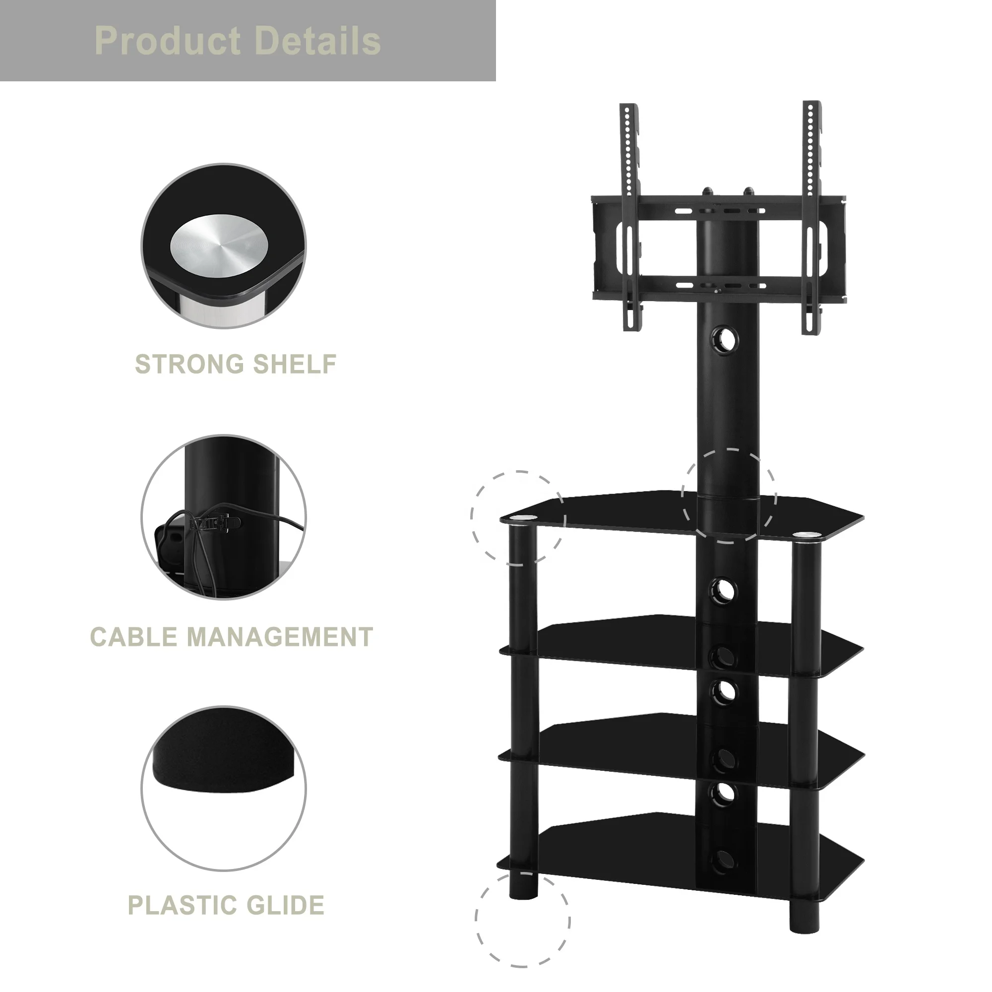 Black Multi-function Angle and height adjustable 4-Tier tempered glass metal frame Floor TV stand