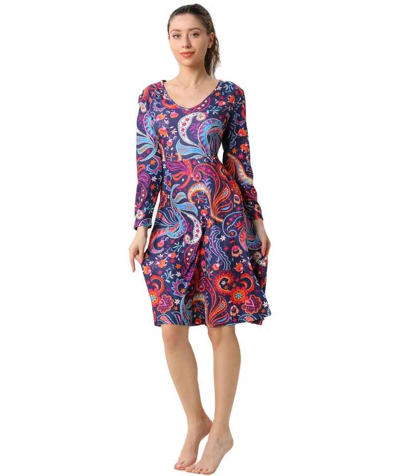 Four Seasons Wholesale Ultra Soft Fashion Women Full Long Sleeve Dress Hot Sale Vintage Paisley Flower Lady Dress with Pockets