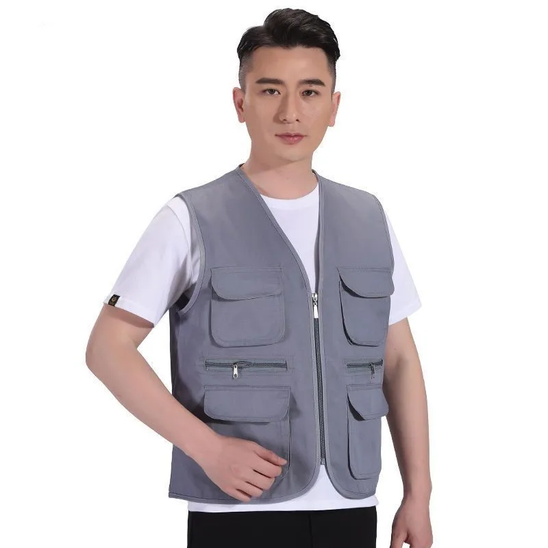 Jinteng Custom Logo Utility Reporter Multi Pocket Fishing Solid Workwear Uniform Cargo Vest for Outdoor Polyester Zip up Vest