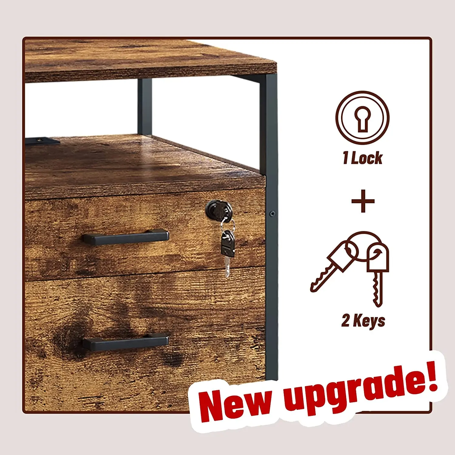 A4/Letter Size Files 2 Drawers Rolling Filing Metal and Wood Office Cabinets with Wheels Open Shelf Lock Charging Station