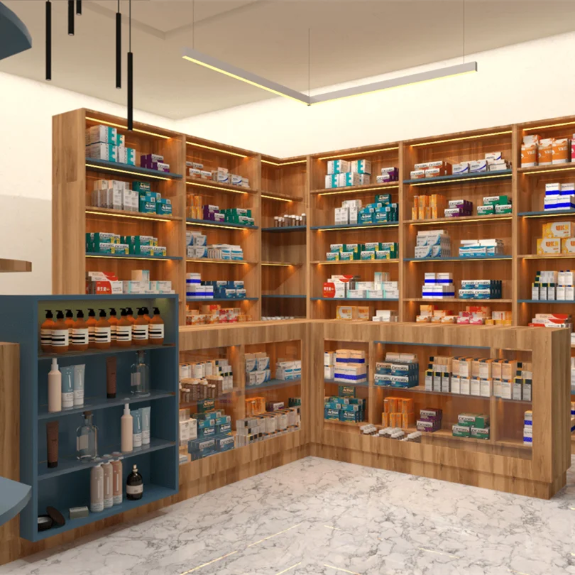 Medical Store Pharmacy Shop Retro Custom Design Wooden Standing Pharmacy Display Shelves Showcase