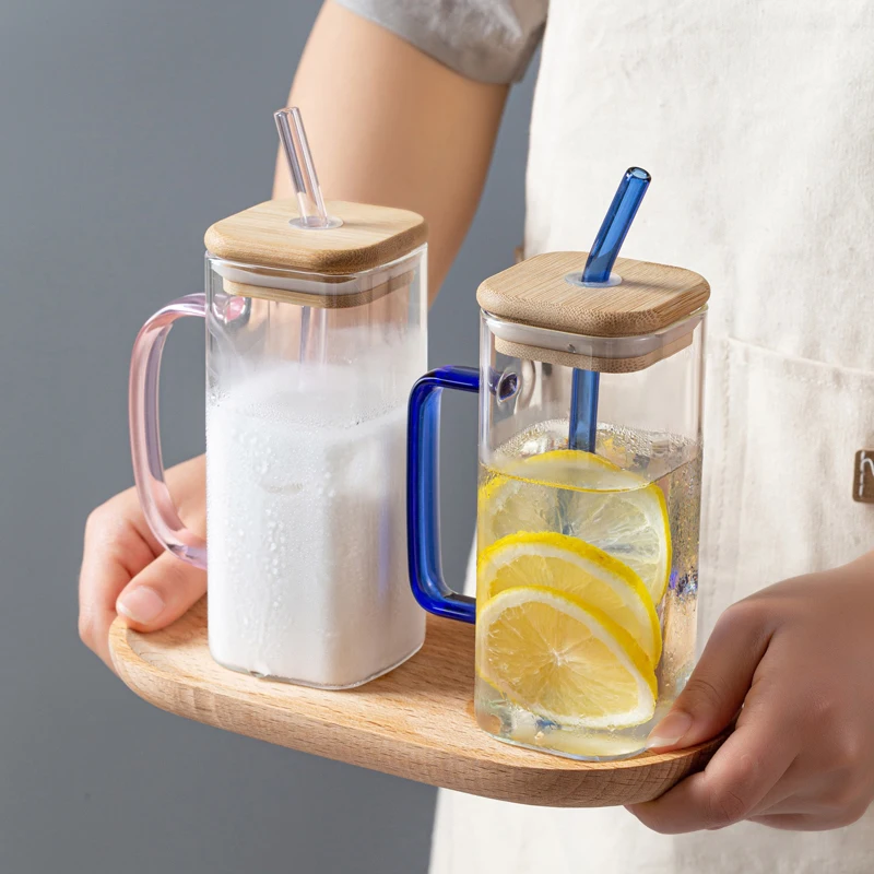 400ml Clear Glassware Drinkware Iced Coffee Tea Mug Water Tumbler Dinking Glasses Jar Square Glass Cup with Lid Straw Handle