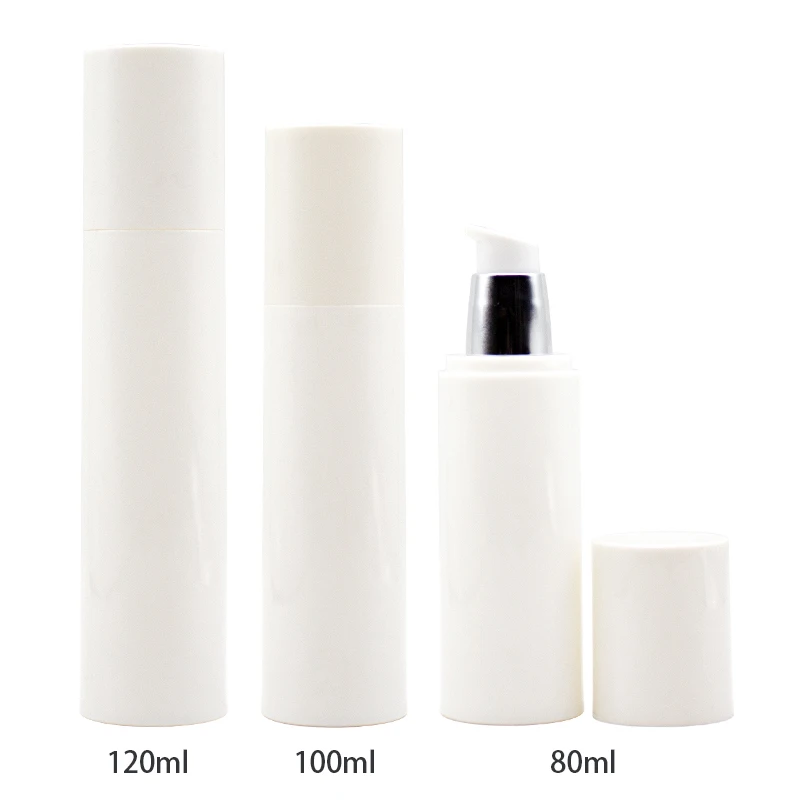Wholesales customization plastic airless bottle with cap pure white 80ml 100ml 120ml lotion pump without pipe travel bottle