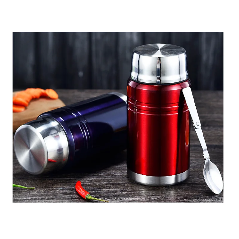 Double Lids Stainless Steel Food Jar Vacuum Food Container Round With Steel Spoon