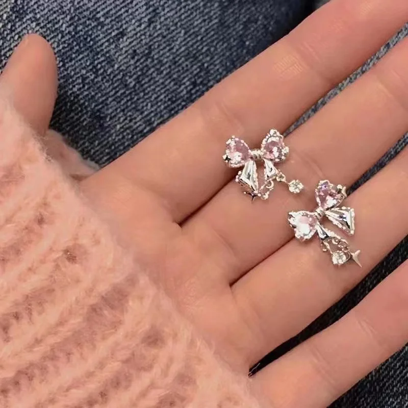 2023 New Korean Style Exquisite Pink Zircon Bowknot Stud Earrings for Women Girls Sweet Star Pendant Earring Jewelry