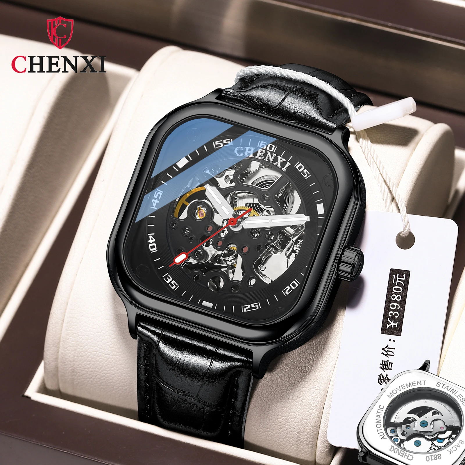 CHENXI 8810 Luxury Genuine Leather Square Skeleton Mechanical Watch Men Fashion Luminous Waterproof Fully Automatic Watches Mens