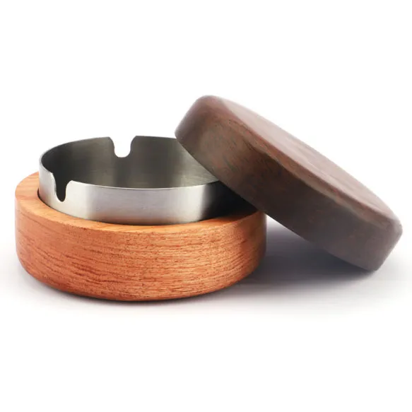 wood bottom holder wood cover stainless steel ashtray SW200470