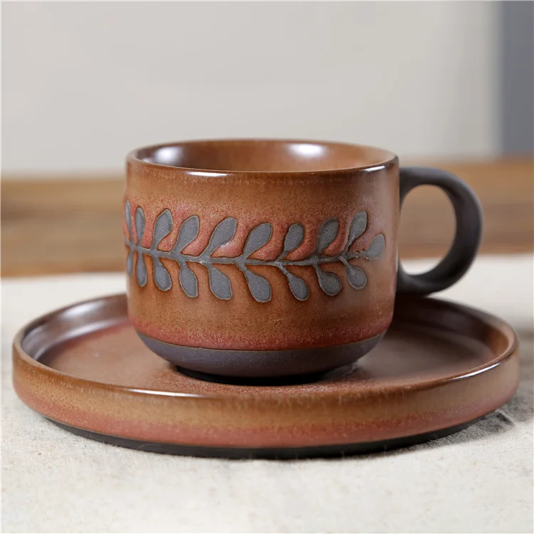 wholesale custom vintage leaves brown ceramic drinking cups and saucers tea cup set coffee cups with saucer