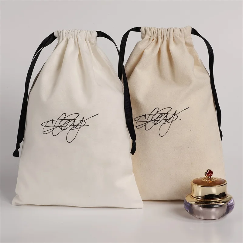 YCX Eco Friendly Cotton Pouch Custom Logo Printed Canvas Cotton Calico Drawstring Bag With Double String Draw String Bag