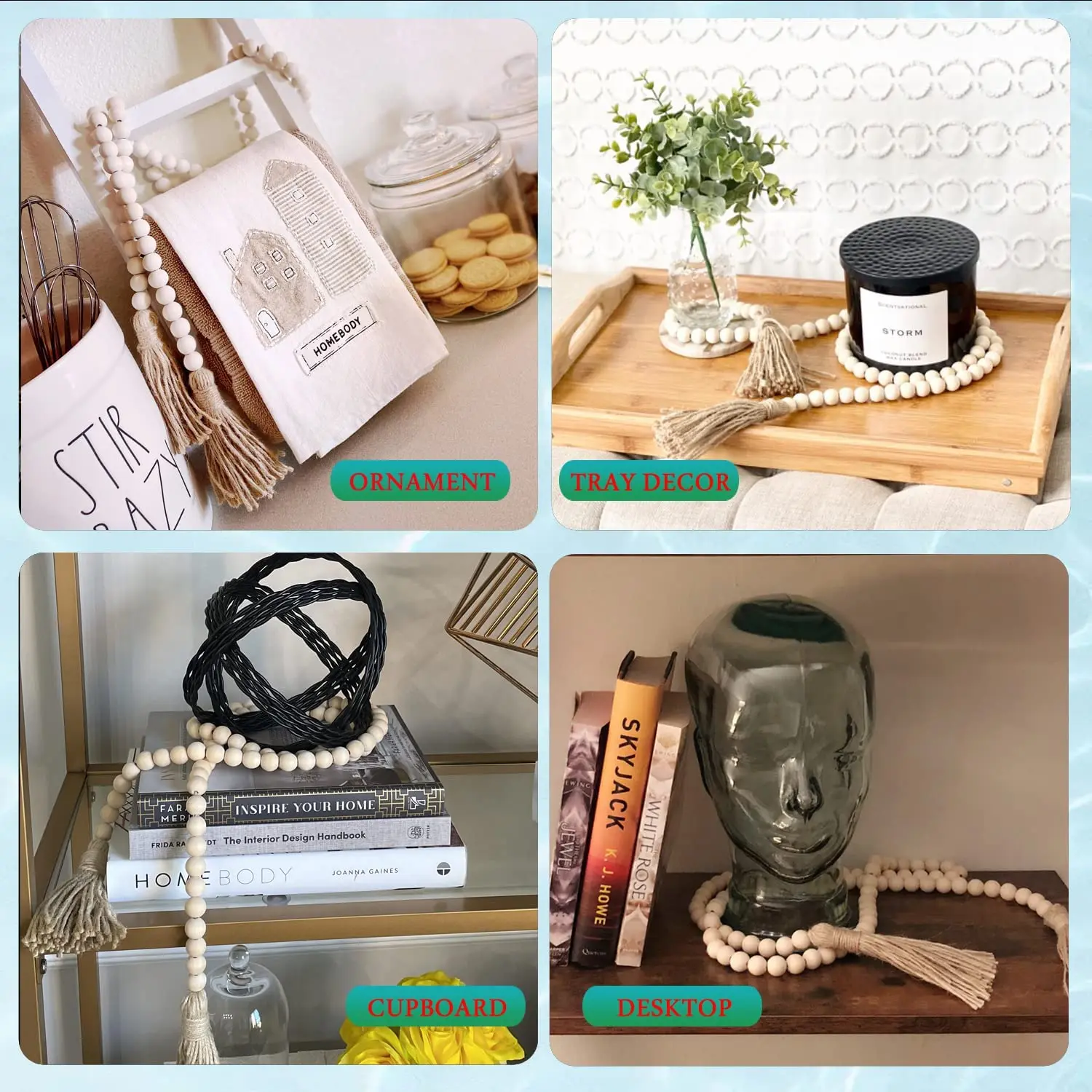 58in Wood Bead Garland with Tassels Farmhouse Beads Rustic Nature Country Decor Prayer Boho Beads Wall Hanging Decoration