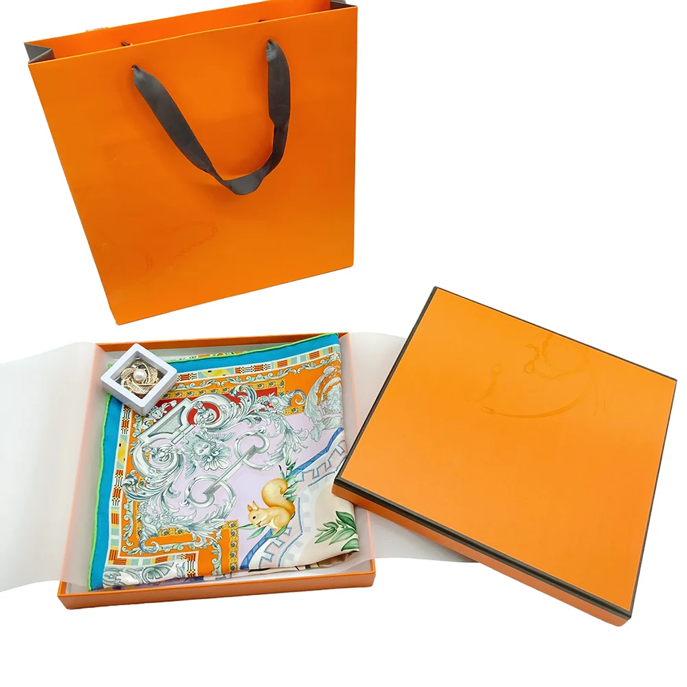 High-end Custom Printed Handmade Twill Hand Roll Hem Silk Square Scarf With Silk Scarf Packaging Boxes