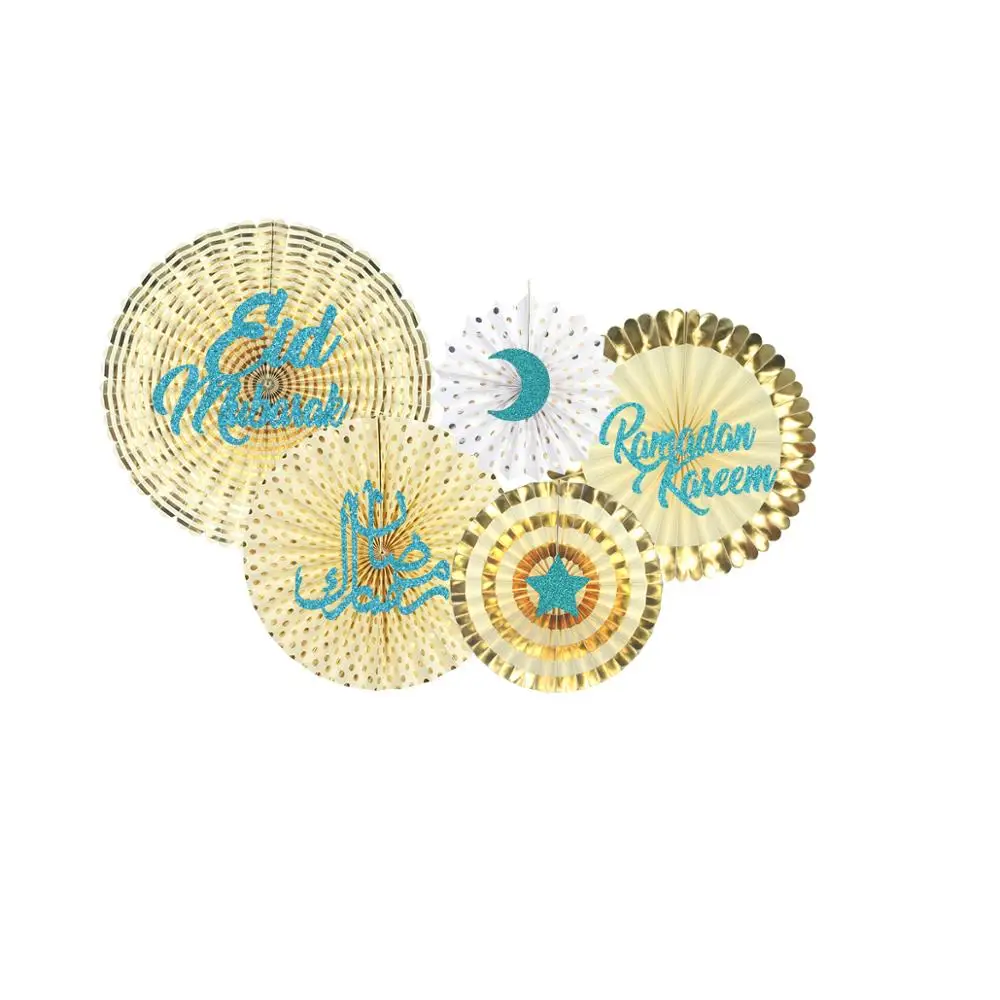 Eid Mubarak New Product Hanging Banner Paper Fan Gold & Green Moon Star Paper String Ramadan Decorations Fiesta