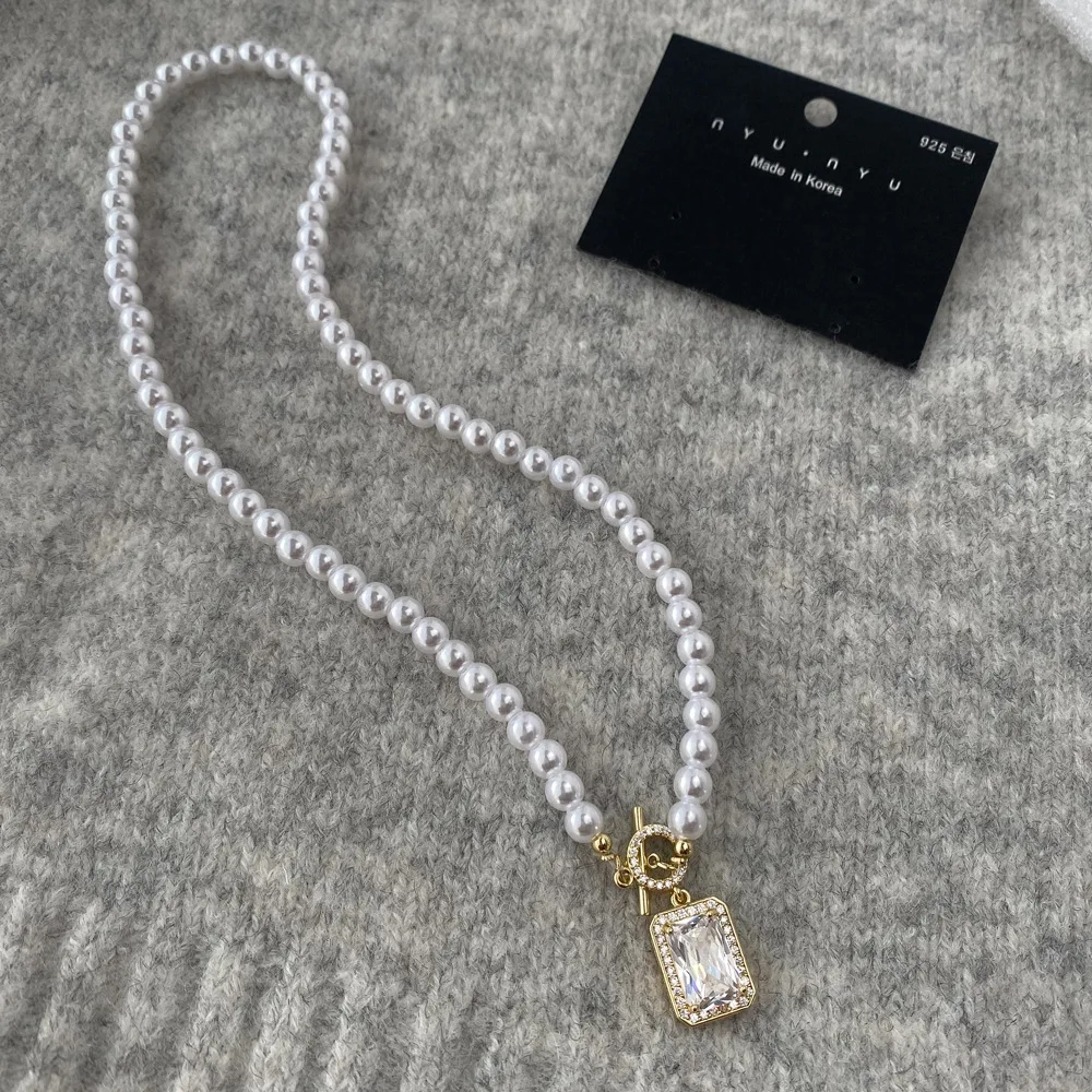 Geometric Choker Rhinestone Pendent Necklace Elegant Modern Jewelry Square Zircon Pearl Bead Pendant Necklace For Women