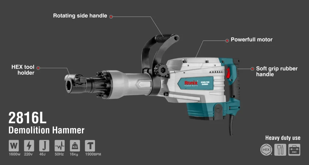 Ronix 2816L Model Demolition Hammer Drill 1600W 46J 220V Portable Electric SDS Plus Breaker Demolition Jack Rotary Hammer