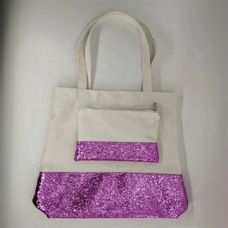 Wholesale Personalized Cotton Canvas Glitter Beach Tote Bags Golden Sequined 2PCS Sets Cosmetic Bag Bridesmaid Bags For Women