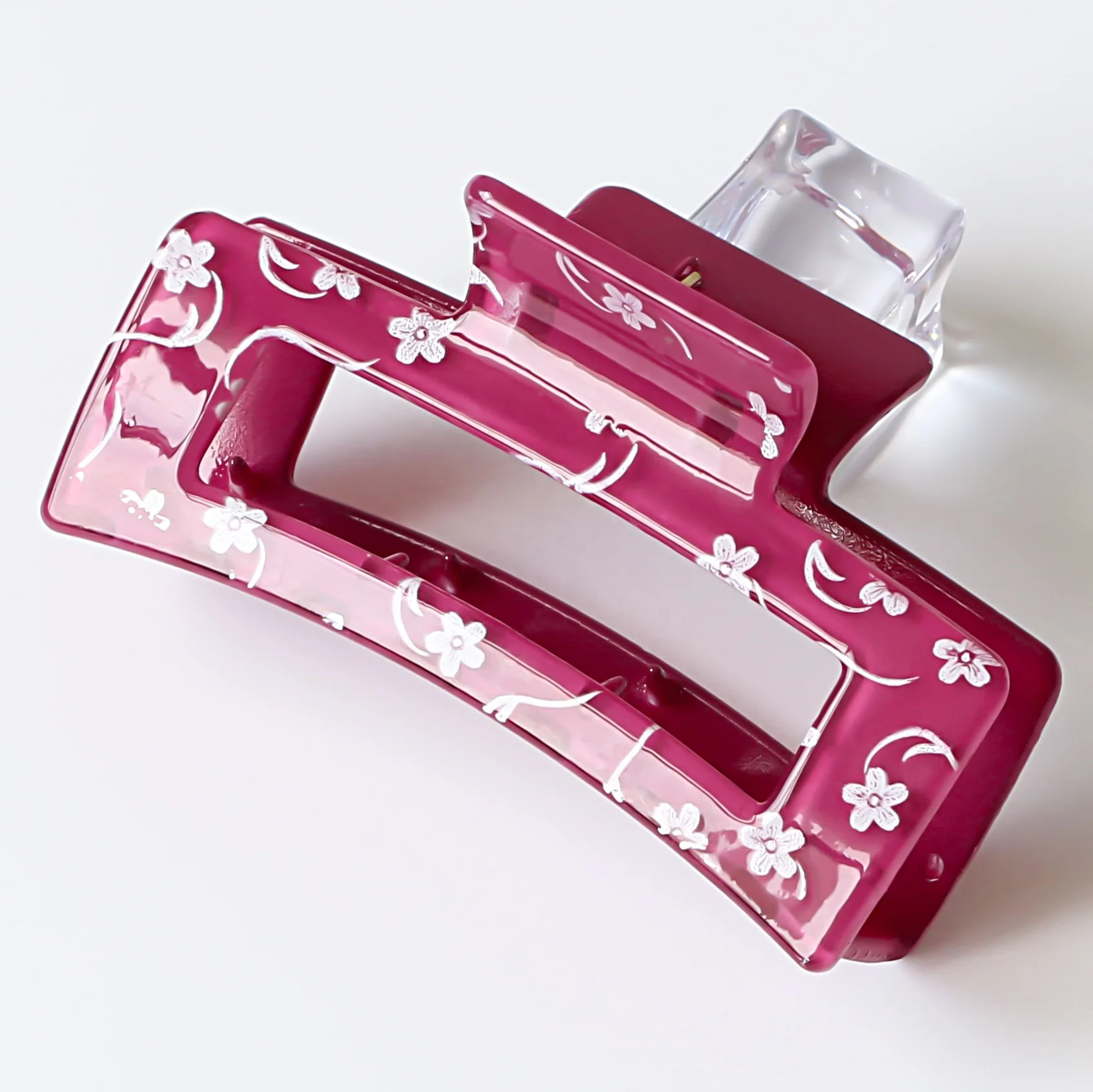 Ziming New 8 CM Big Size Floral Printed Hollow Shinny Acrylic Hair Claw Glossy Flower Pattern Acrylic Shower Hair Clip Hair Grip