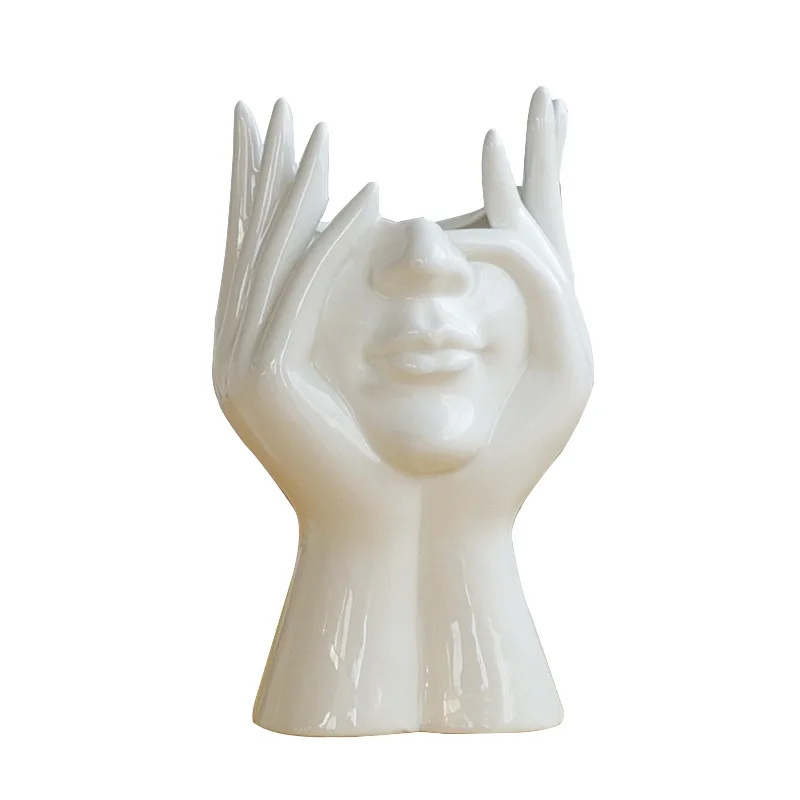 Redeco New Arrival Art Creative Vase High-End Human Face Vase Glazed White Ceramic Body Vase For Hotel Home Office Decor