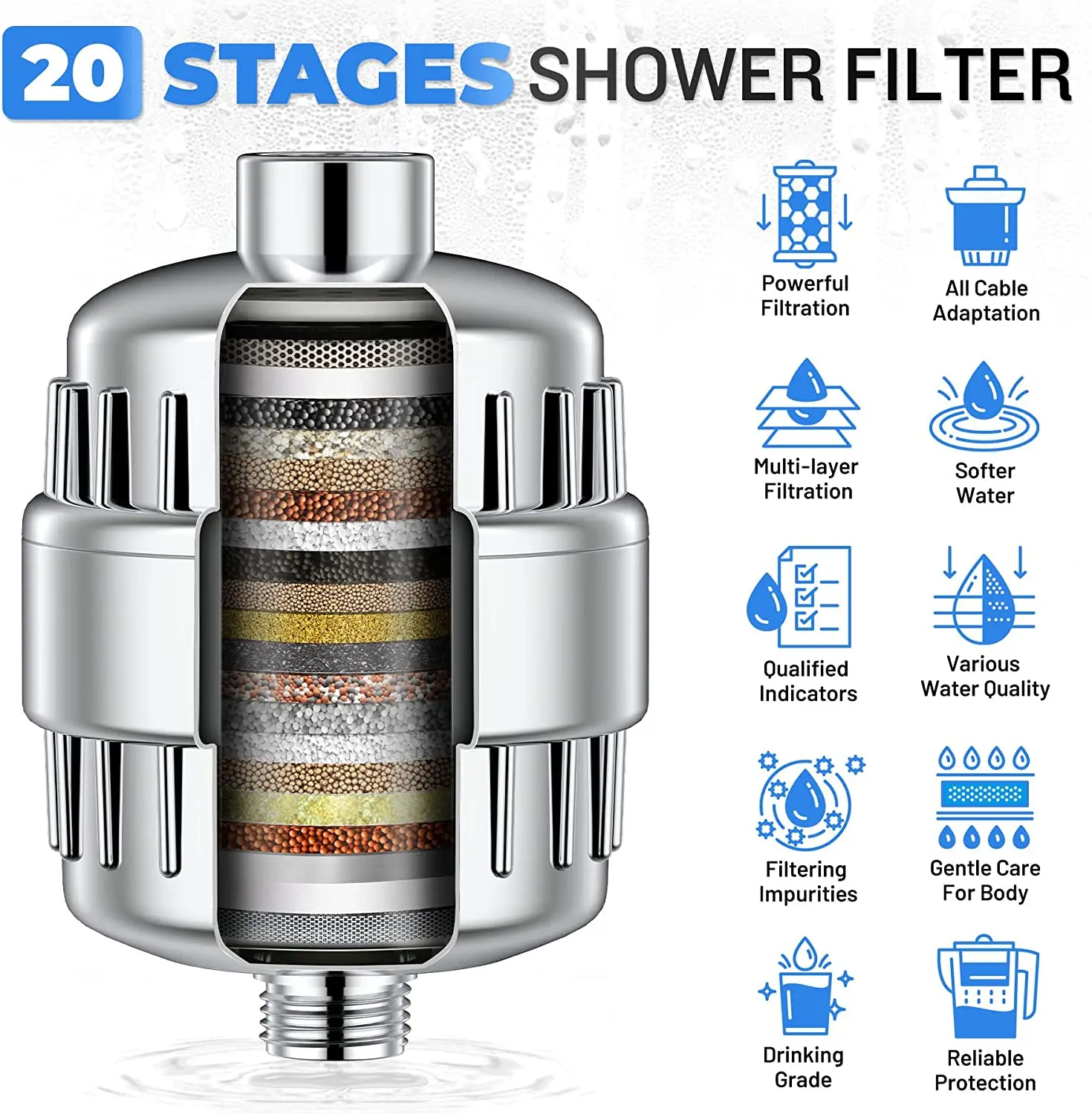 12 15 18 20 multi stage metal Shower Filter chlorine with Carbon KDF for Hard Water chrome water shower head filters