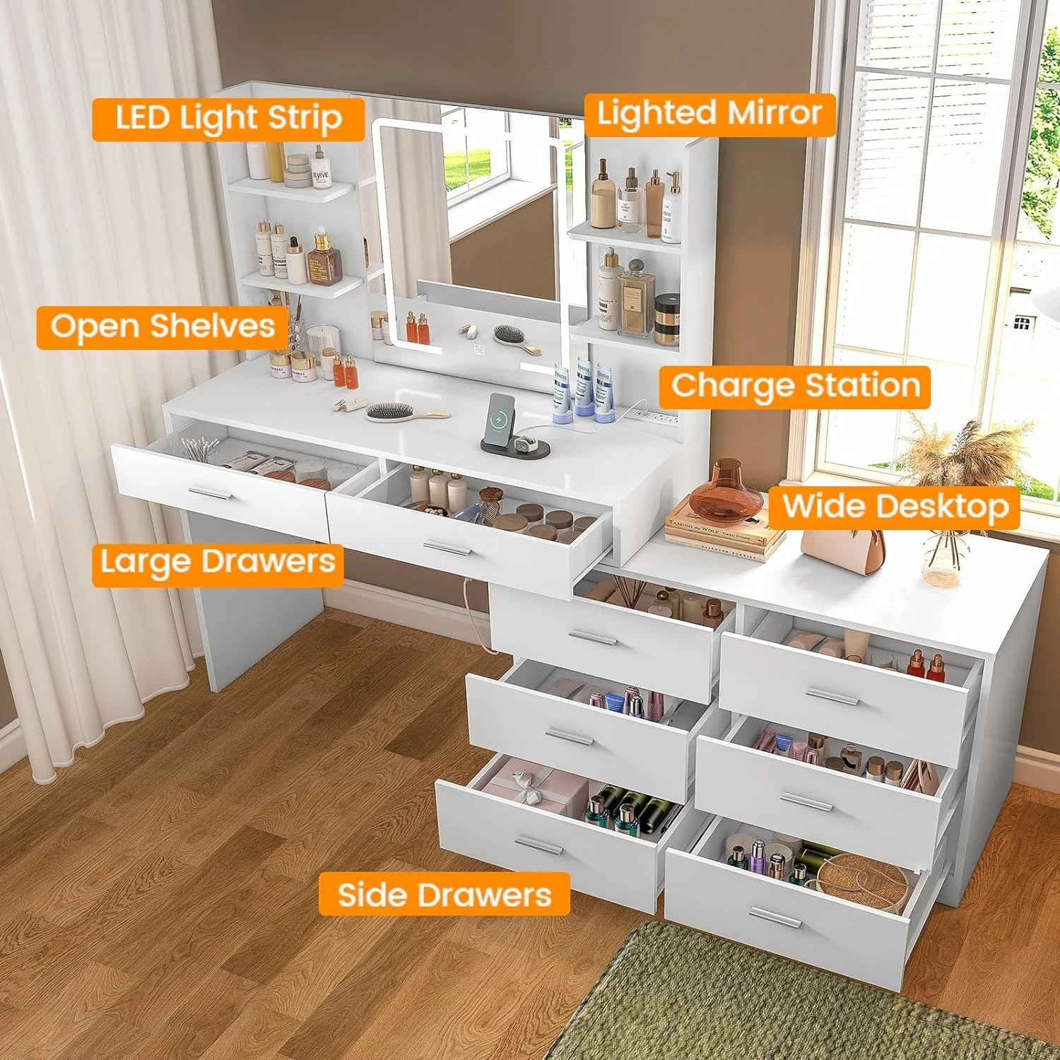 Bedroom Furniture Hollywood Dressing Table Modern European Make Up mirror LED Dressing Table six chest of drawers