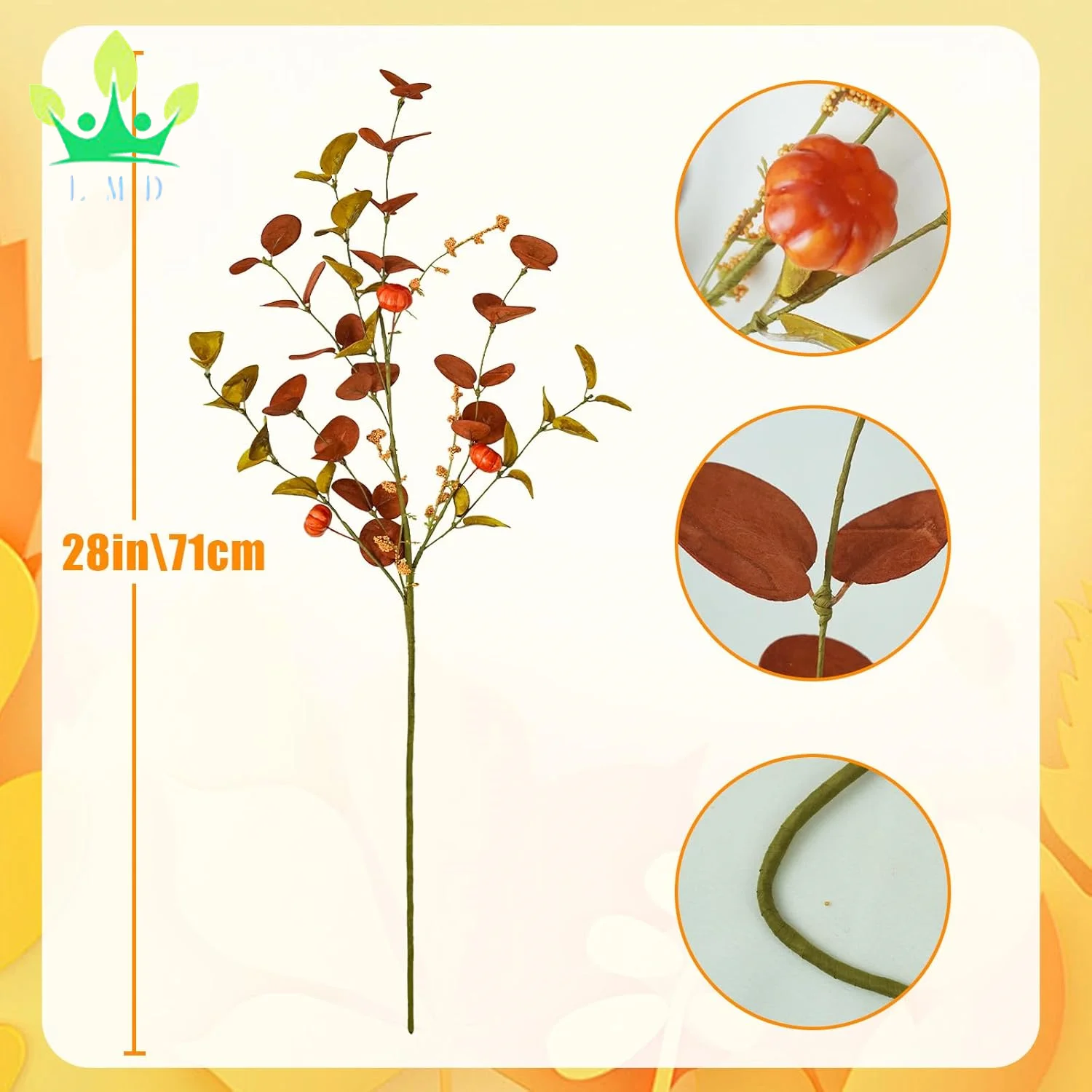 Artificial Fall Eucalyptus Stems Leaves Branches with Orange Pumpkins Long Stems for Home Autumn Flora Thanksgiving Decoration
