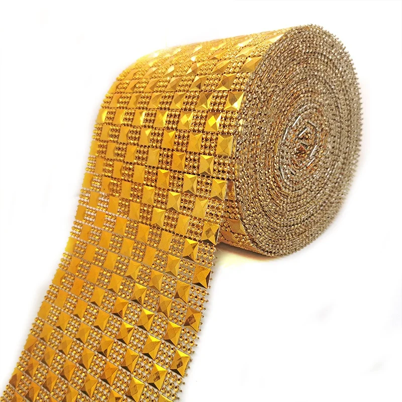 wholesale 10 yard rose golden pyramid studs checkered rhinestones diamond mesh wrap roll pattern ribbon for mirror frame decor
