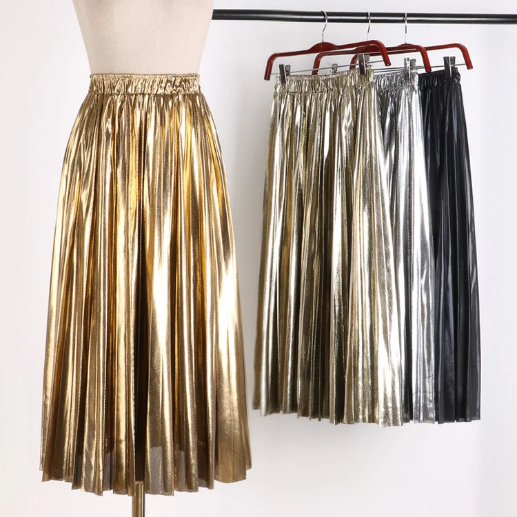 Fashion Elegant Women Midi Skirt High Waist Black Silver Gold Solid Color Pleated Skirt