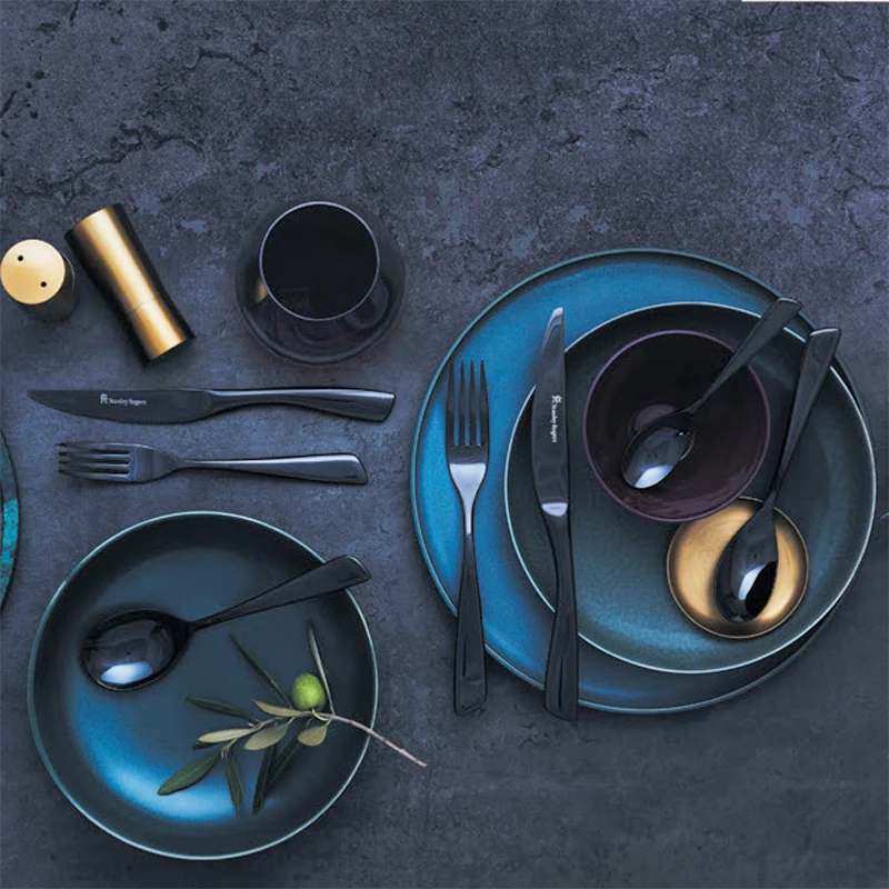Hot selling home hotel Steak restaurant used flatware cutlery set black and silver stainless steel cutlery