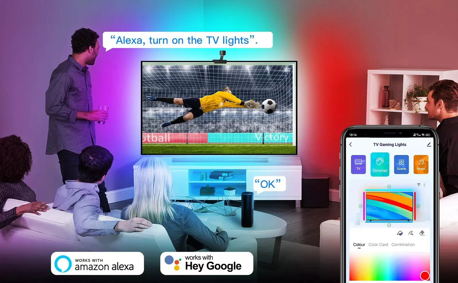 12.5ft 3.8m 12V RGBIC Ambient 55-65 Inches Google Assistant Sync Smart App  Immersion TV LED Backlights with Camera
