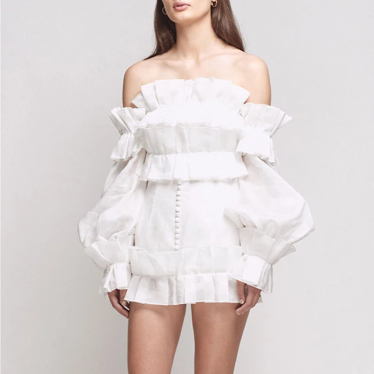 Women Fashion Off Shoulder Reversible Long Lantern Sleeve Cascading Ruffles Short Night Out Party Dress