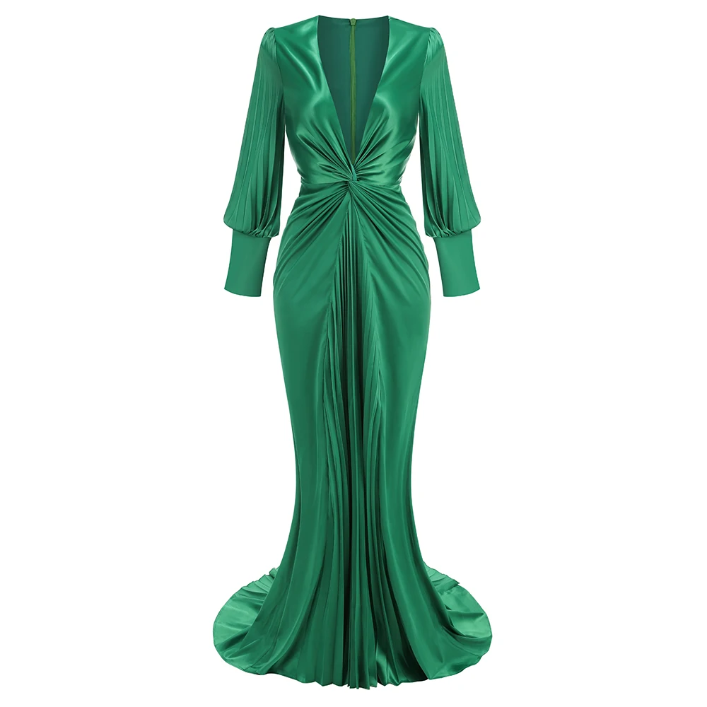 LS2499 Kimshein Sexy Deep V-Neck Green Long Puff Sleeve Floor Length Evening Dresses Fashion Elegant Ruffle Dress
