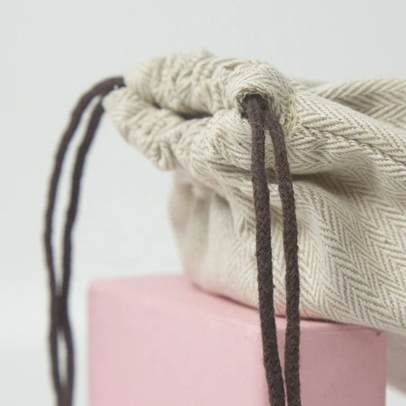 Promotional Personalized Custom Herringbone Linen Drawstring Pouch Cotton Gift Cosmetic Storage Bag