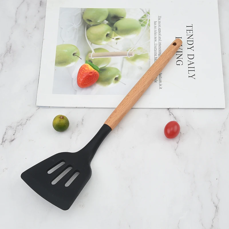 Hot Sale Cooking Tools 5pcs Silicone Kitchen Accessories Wooden Kitchen ware with Natural Acacia Hard Wood Handle