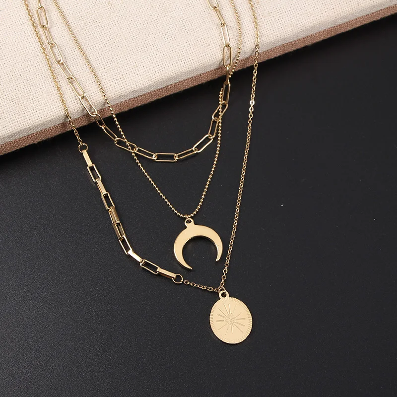 14K Gold Plated Stainless Steel 3 Layered Hypoallergenic Moon Necklace for Women