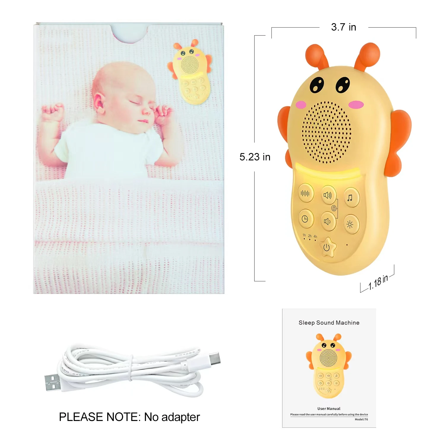 Portable Bee 16 Sounds Baby Sleep Therapy Sound Machine 1200 mAh Rechargeable Polymer Battery Powered Dimmable Warm Night Light