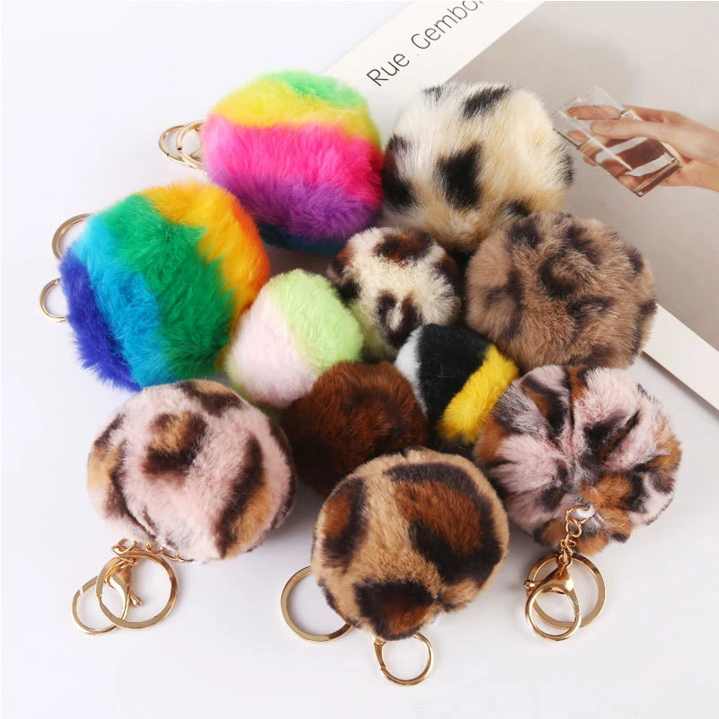 8cm mixed color leopard print gold metal chain diy bag pendant furry ball