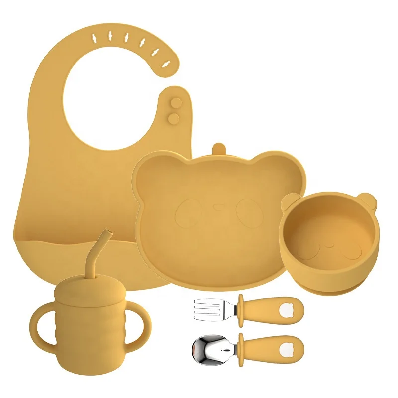 BPA Free Kids Tableware Silicone Feeding Set Supplies Silicone Bib Spoon Suction Unspillable Bowl Baby