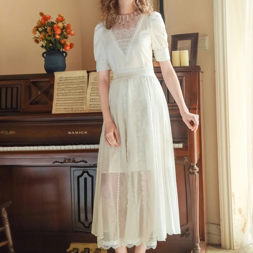 White High Waist A-line Skirt Sequin Pleated Ankle Tulle Skirt Elegant Ladies Skirts
