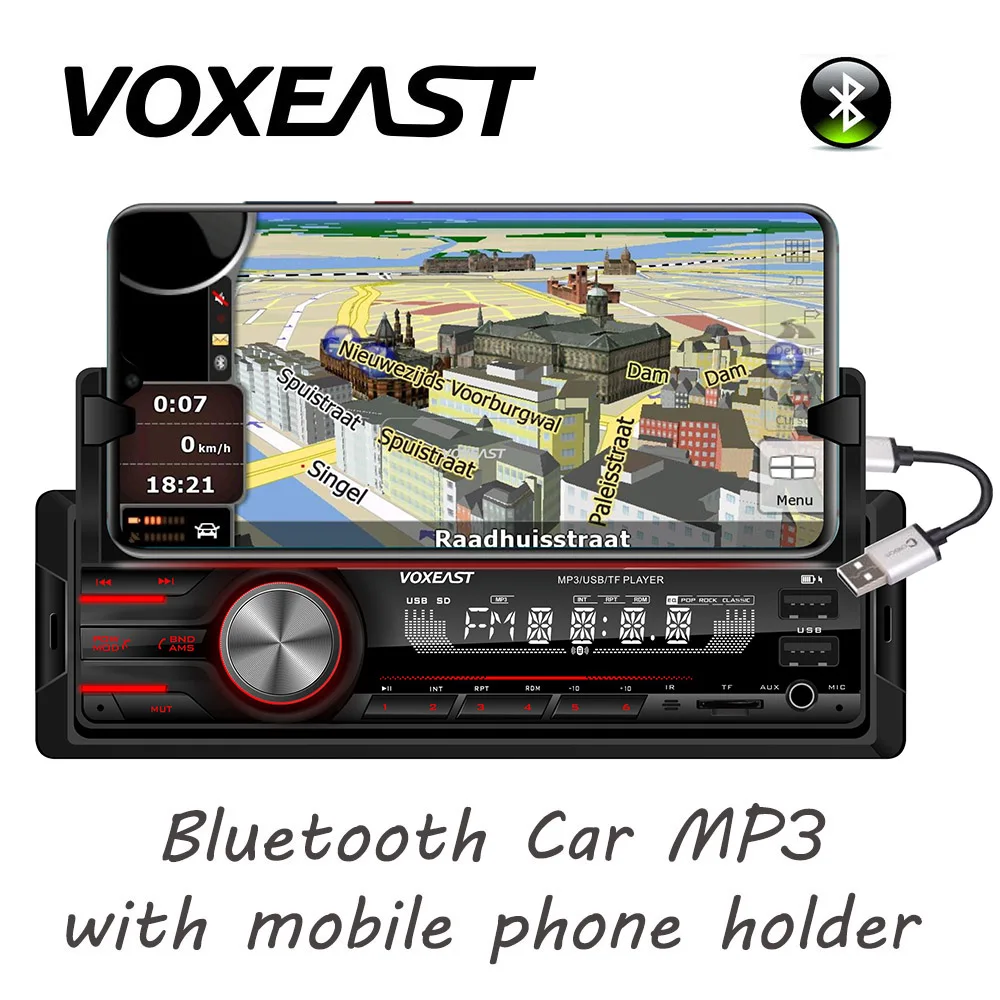 Car Cellphone holder radio audio mp3 player supported BT 12v car aux with Dual USB with mobile phone recharging