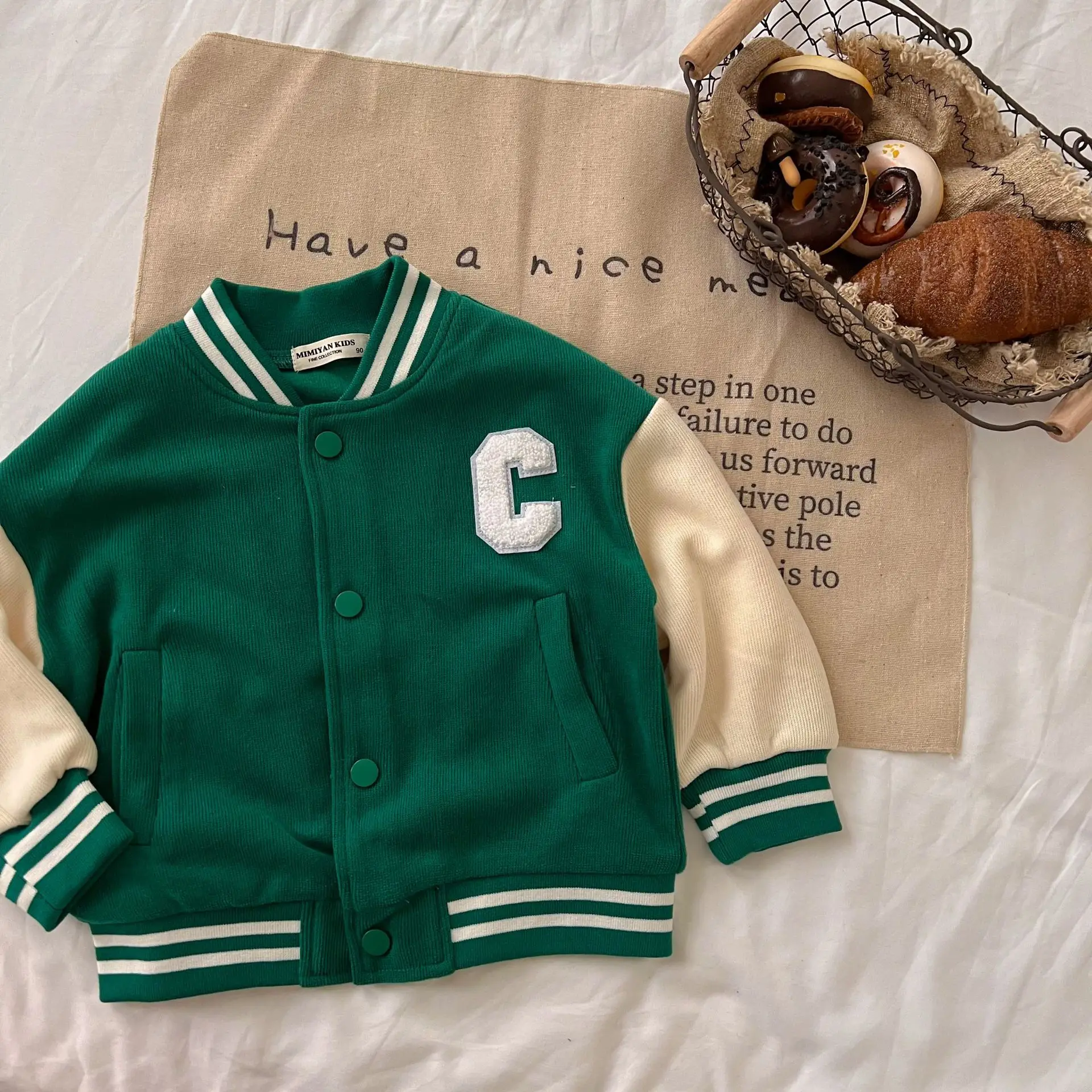 Custom Toddler Boys Girls Strip Trem Letter Graphic Jacket Kids Varsity Jackets