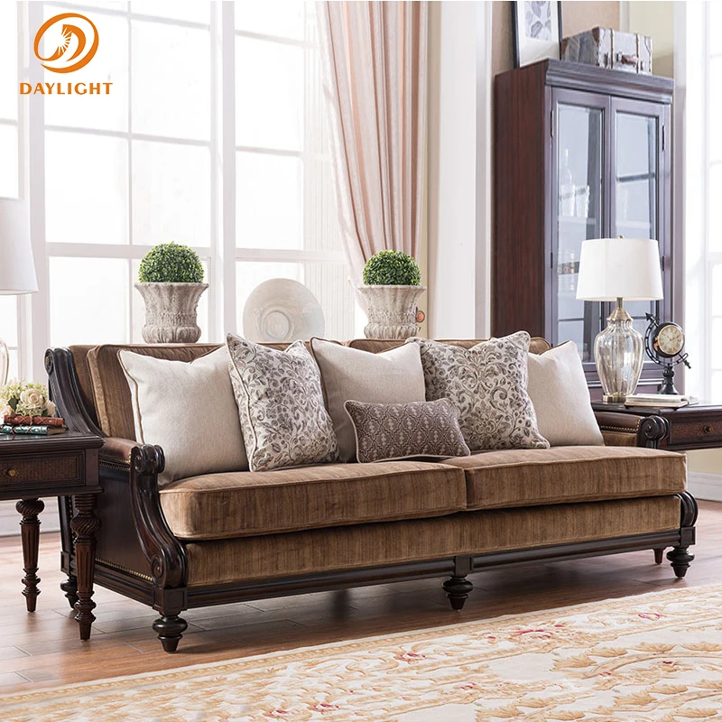 Vintage Living Room Furniture Velvet Wood Royal Villa Longue Hotel Set Chaise Reclining Italy Wooden Home Customizable Sofa