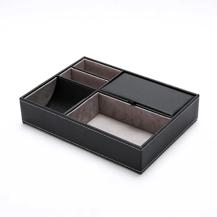 Wholesale PU desk organizer tray valet coin phone tray Drawer Storage Organizer 5 Divider for hotel home office