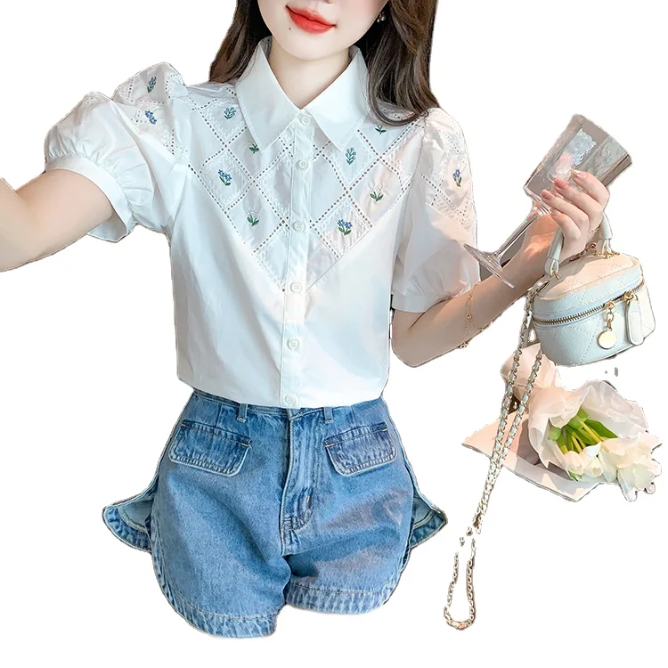 H Han Queen Summer White Embroidery Office Blusas Vintage Tops Chiffon Blouses Women Simple Short Sleeve Work Casual Shirts