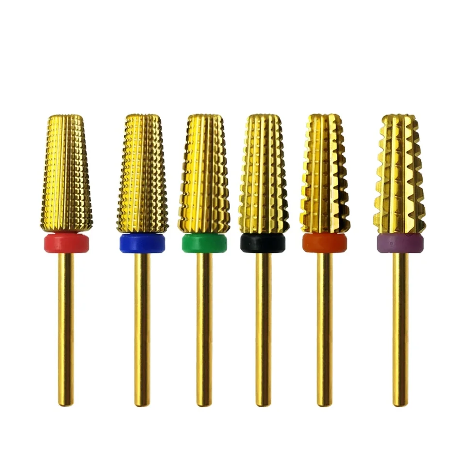 HYTOOS 5 in 1 Gold Carbide Nail Drill Bit Tapered Milling Cutter for Manicure Remove Gel Acylics Tool Nails Drill Accessories